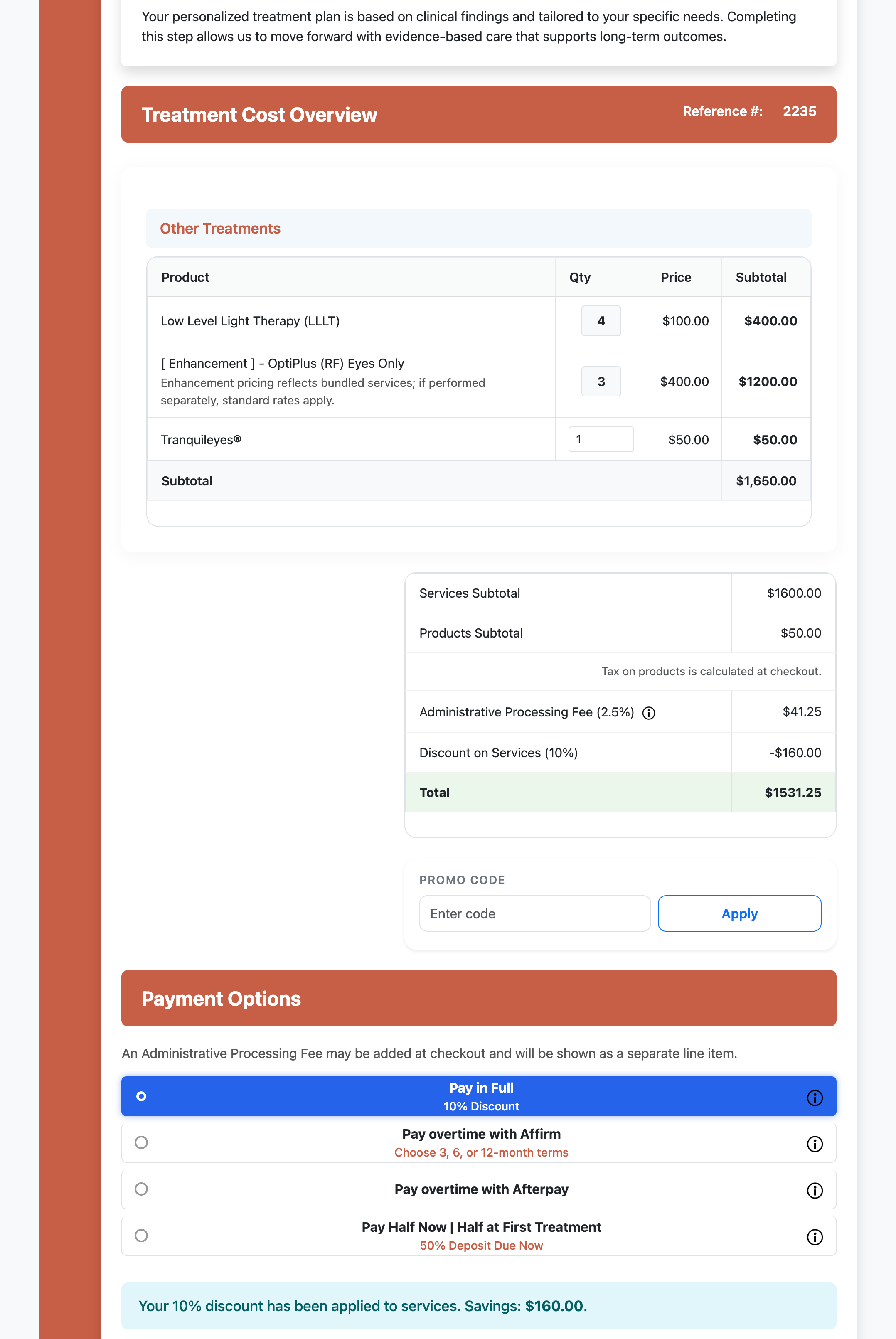 Treatment checkout form
